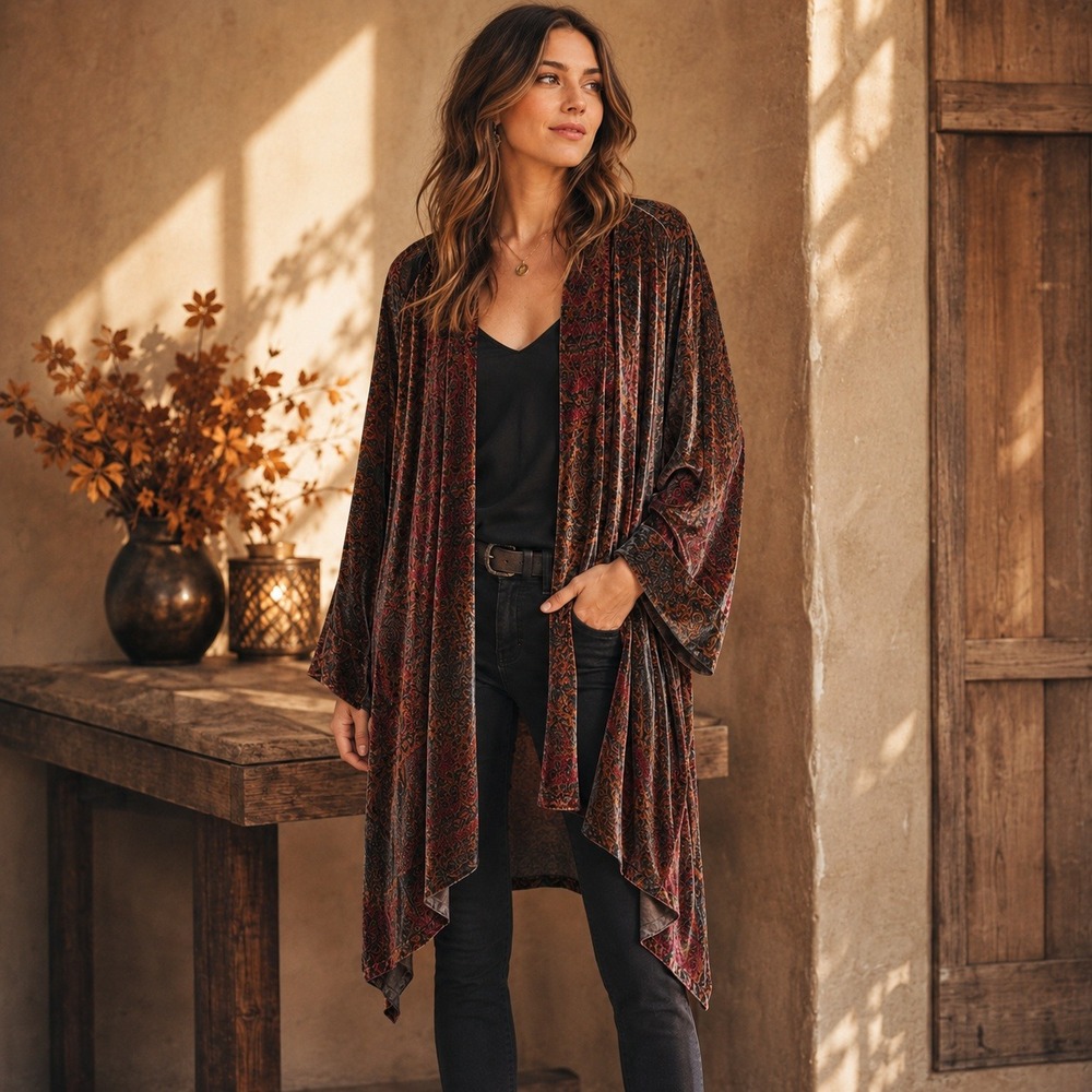 Johnny Was Kimono Cardigan Silk Velvet Paisley Boho Womens L Rust Orange